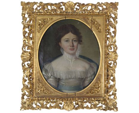 French School 19th Century Portrait of a lady wearing white Oil on canvas in a Florentine carved wood frame 53.5 x 44.5cm; 21
