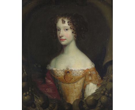 Circle of Mary Beale Portrait of a Lady with ringlets, half length in a fruit swag painted cartouche Oil on canvas 76 x 63cm;