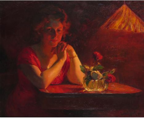 Richard Hall (1857-1942) Portrait of a lady in an interior Signed and dated 1910 Oil on board 59 x 72cm; 23¼ x 28½in ++Some v