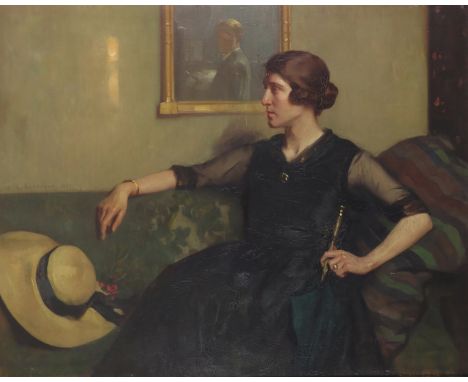 James Bell Anderson (1886-1938) Portrait of a woman, seated, the artist reflected in the mirror Signed and dated 1921 Oil on 