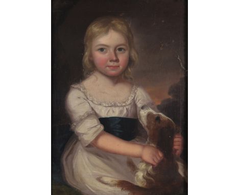 English School 18th Century Portrait of a girl with her pet dog in a landscape Oil on canvas 61 x 48.5cm; 24 x 19in