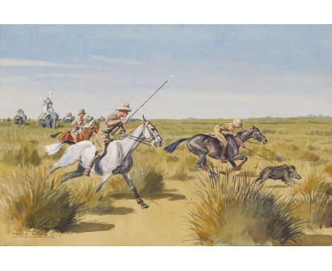 ‡Col. Maurice Tulloch (1894-1974) Pig sticking, Kadir Heat Signed Watercolour with bodycolour 25 x 37cm; 10 x 14½in ++A few l