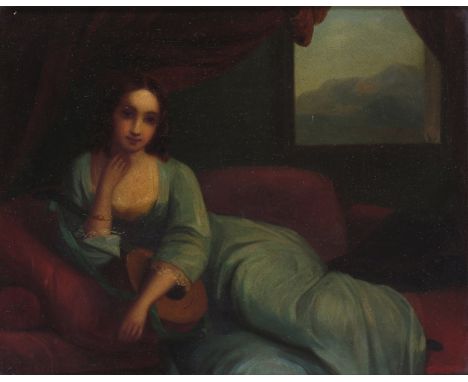 Continental School 18th Century  A lady reclining with a lute Inscribed indistinctly verso Amy Rob***t Oil on copper 15 x 19c