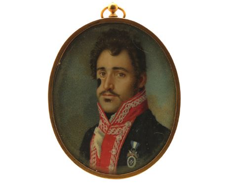 λ French School early 19th Century Miniature portrait of an officer, head and shoulders wearing the badge of an unknown order