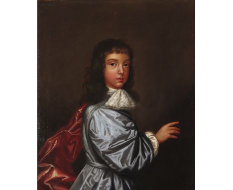 English School 17th Century Portraits of a boy wearing blue and a girl wearing white with a blue sash and pearls A pair, both
