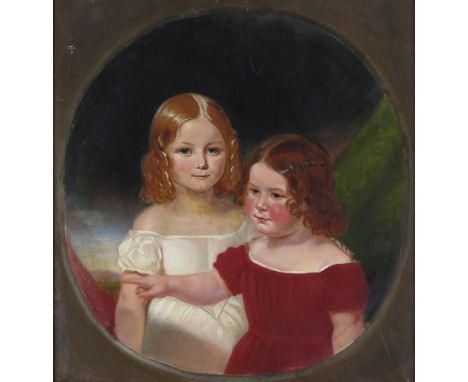 English School 19th century Portrait of two children Oil on canvas in a painted circle 58 x 55cm; 23 x 21½in