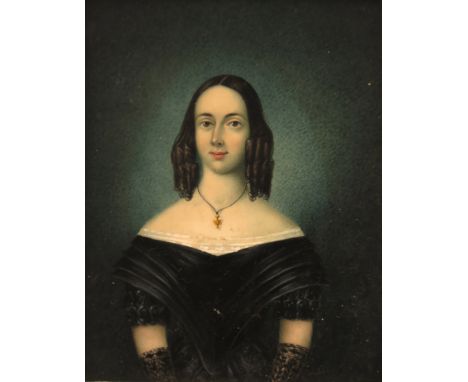 λ J** Wood (British 19th century) Miniature portrait of a lady, half length, wearing black Signed, inscribed Blyth and dated 