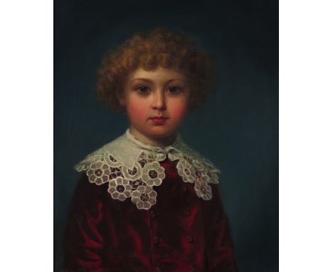 Arthur Miles (fl. 1851-1881) Portrait of Walter W. Ffennell as a boy, half length, wearing a red jacket and lace collar Signe