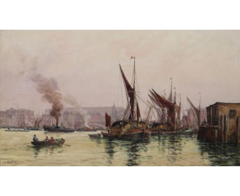 Auguste Ballin (French 1842-1885) The Thames at Blackfriars Signed Oil on panel 18 x 30cm; 7 x 11¾in ++A little rubbing to ma