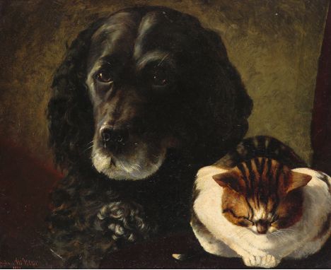 Eugènie M. Valter (19/20th Century) Study of a retriever and a cat Signed and dated 1880 Oil on board 38 x 46cm; 15 x 18in Pr