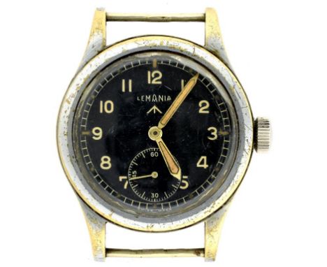 A LEMANIA STAINLESS STEEL BRITISH MILITARY ISSUE WRISTWATCH WITH BLACK DIAL, CASE BACK MARKED BROAD ARROW, WWW AND NUMBERS 