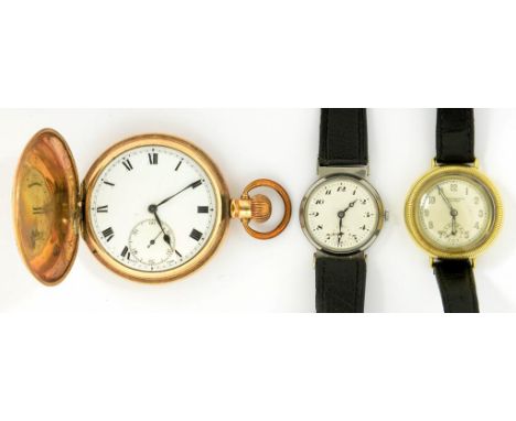 A CHRONO MORRIS GOLD PLATED EXTRA BUBBLE CASED WRISTWATCH WITH MILLED BEZEL, A TAVANNES  STAINLESS STEEL MIDI WRISTWATCH AND 