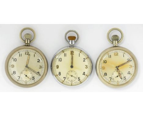 TWO DOXA PLATED BRITISH MILITARY ISSUE KEYLESS LEVER WATCHES AND ANOTHER IN CHROMIUM PLATED CASE, CASE BACKS MARKED BROAD ARR