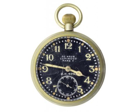 A  NICKEL PLATED MILITARY ISSUE KEYLESS LEVER WATCH, THE BLACK DIAL INSCRIBED 30 HOUR LUMINOUS, MK V BH4943, CASE BACK ENGRAV