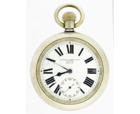 A NICKEL NICKEL WORLD WAR ONE BRITISH MILITARY ISSUE KEYLESS LEVER WATCHES, THE ENAMEL DIAL MARKED H WILLIAMSON LTD LONDON 91