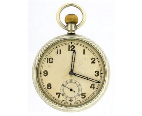 A SWISS NICKEL BRITISH MILITARY ISSUE KEYLESS LEVER WATCH, CASE BACK MARKED BROAD ARROW AND B47636 