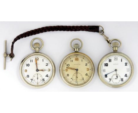 THREE DAMAS, GRANA AND MOERIS NICKEL/PLATED BRITISH MILITARY ISSUE KEYLESS LEVER WATCHES, CASE BACK MARKED BROAD ARROW G.S.T.