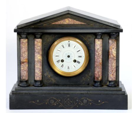 A FRENCH   SLATE AND MARBLE ARCHITECTURAL STYLE MANTEL CLOCK WITH TRIANGULAR PEDIMENT AND PALE BLUE ENAMEL DIAL, 29CM H, LATE