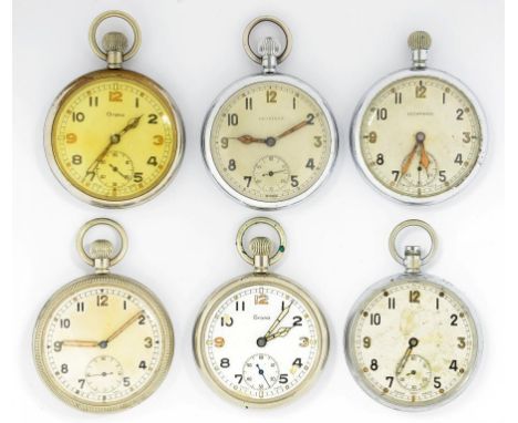 SIX LEONIDAS, GRANA AND OTHER PLATED BRITISH MILITARY ISSUE KEYLESS LEVER WATCHES, CASE BACKS MARKED BROAD ARROW G.S.T.P. AND