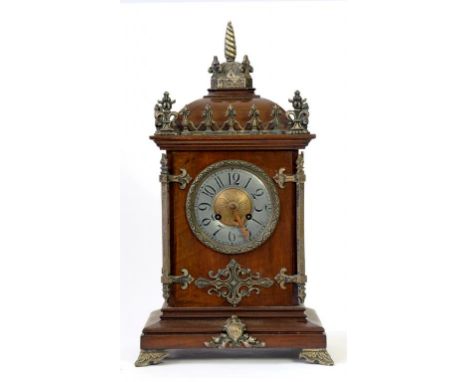 A GERMAN SILVERED BRASS MOUNTED WALNUT BASKET TOPPED MANTEL CLOCK, THE MOVEMENT STRIKING ON A GONG, 46CM H, C1900 