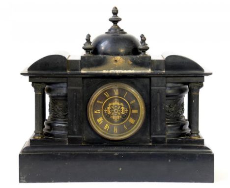 A FRENCH BRASS MOUNTED SLATE MANTEL CLOCK OF ARCHITECTURAL FORM WITH CUPOLA AND FIVE TURNED FINIALS, 38CM H, LATE 19TH C 