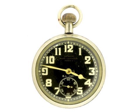 A WORLD WAR ONE NICKEL PLATED ROYAL FLYING CORP ISSUE WATCH, THE BLACK DIAL MARKED 30 HOUR NON-LUMINOUS MARKD V BL1371, CASE 