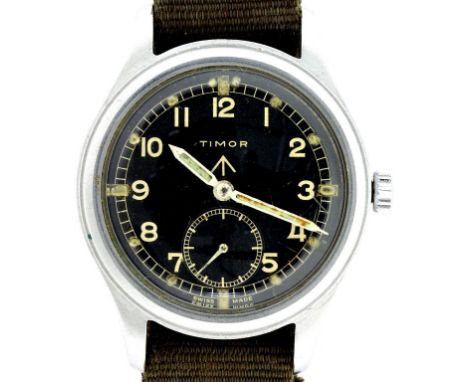 A TIMOR STAINLESS STEEL BRITISH MILITARY ISSUE WRISTWATCH, CASE BACK MARKED ARROW W.W.W. AND NUMBERS 