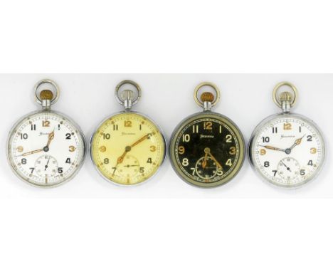 FOUR HELVETIA PLATED BRITISH MILITARY ISSUE KEYLESS LEVER WATCHES, CASE BACKS MARKED BROAD ARROW [ON THREE] G.S.T.P. AND NUMB