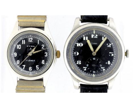 TWO CIMA STAINLESS STEEL BRITISH MILITARY ISSUE WRISTWATCHES IN SIZES WITH BLACK DIAL, CASE BACK MARKED BROAD ARROW, WWW AND 