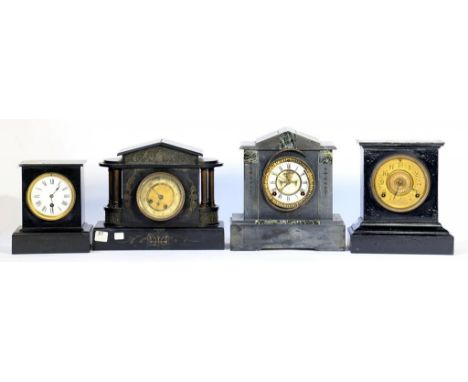 THREE FRENCH SLATE MANTEL CLOCKS AND AN EBONISED MANTEL CLOCK, 29CM H AND SMALLER, LATE 19TH C 