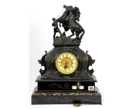 A FRENCH SPELTER 'MARLY HORSES' MANTEL CLOCK ON SLATE AND MARBLE BASE, 51CM H, LATE 19TH C 