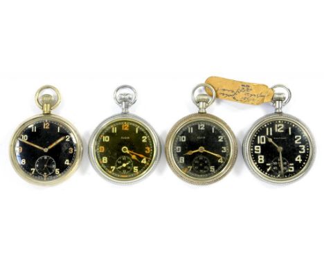 FOUR WALTHAM ELGIN AND SWISS STAINLESS STEEL BRITISH MILITARY ISSUE KEYLESS LEVER WATCHES, CASE BACKS MARKED ARROW/BROAD ARRO