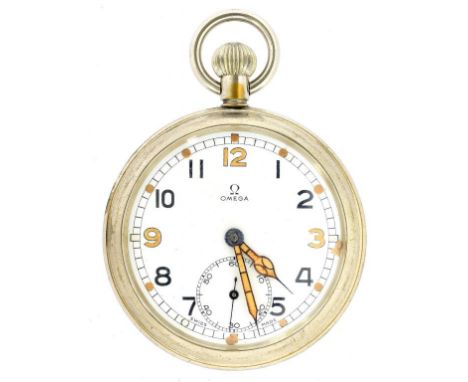 AN OMEGA NICKEL KEYLESS LEVER BRITISH MILITARY ISSUE WATCH WITH WHITE DIAL AND LUMINESCENT HANDS, CASE BACK MARKED ARROW G.S.