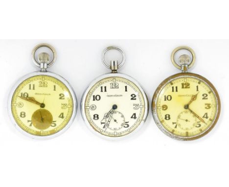 THREE JAEGER LECOULTRE PLATED BRITISH MILITARY ISSUE KEYLESS LEVER WATCHES, CASE BACKS MARKED BROAD ARROW G.S.T.P. AND NUMBER
