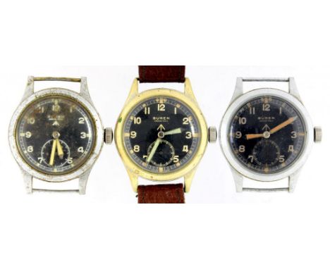 THREE BURENS STAINLESS STEEL BRITISH MILITARY ISSUE WRISTWATCHES, ONE LACKING THE CASEBACK, THE OTHERS MARKED ARROW W.W.W. AN