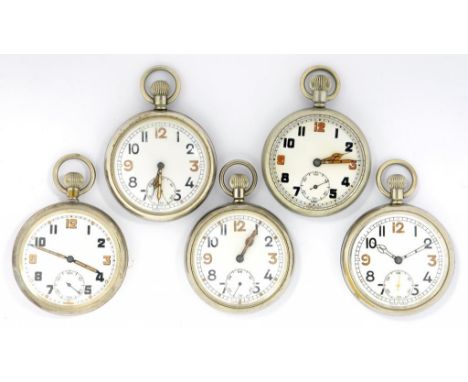 FIVE NICKEL/PLATED BRITISH MILITARY ISSUE KEYLESS LEVER WATCHES, CASE BACKS MARKED BROAD ARROW G.S.T.P. AND NUMBER 