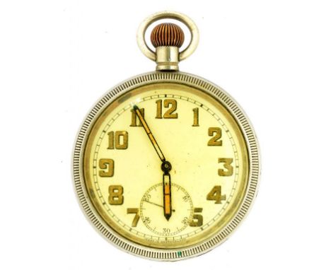 A NICKEL KEYLESS LEVER AUSTRAILIAN MILITARY ISSUE WATCH, CASE BACK MARKED D BROAD ARROW D 4472 