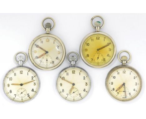 FIVE DOXA, BRAVINGTONS AND OTHER NICKEL/PLATED BRITISH MILITARY ISSUE KEYLESS LEVER WATCHES, CASE BACKS MARKED BROAD ARROW G.