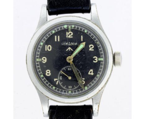 A LEMANIA STAINLESS STEEL BRITISH MILITARY ISSUE WRISTWATCH, CASE BACK MARKED ARROW W.W.W. AND NUMBERS 