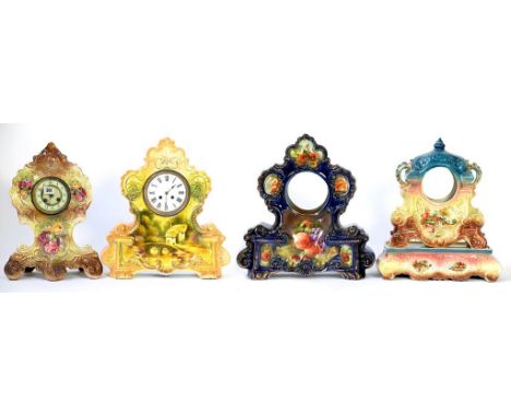 FOUR ORNATE CONTINENTAL EARTHENWARE MANTEL CLOCKS OR CLOCK CASES, 44CM H AND CIRCA, LATE 19TH/EARLY 20TH C 
