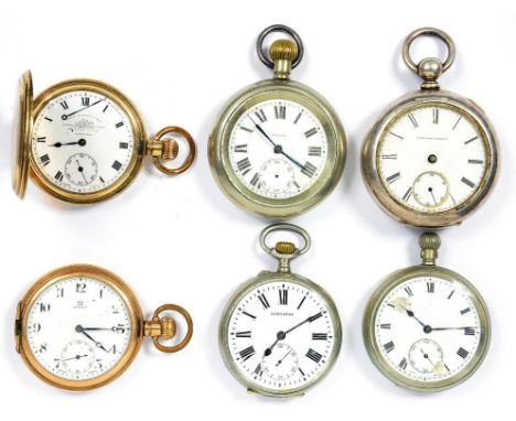 SIX VARIOUS GOLD PLATED AND OTHER LEVER/KEYLESS LEVER WATCHES INCLUDING A HUNTING CASED EXAMPLE 