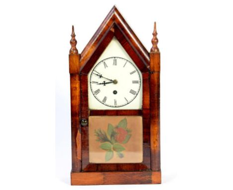 AN AMERICAN MAHOGANY STAINED AND VARNISHED WOOD SHELF TIMEPIECE WITH PAINTED DIAL, A ROSE TO THE DOOR, 39CM H, LATE 19TH C 