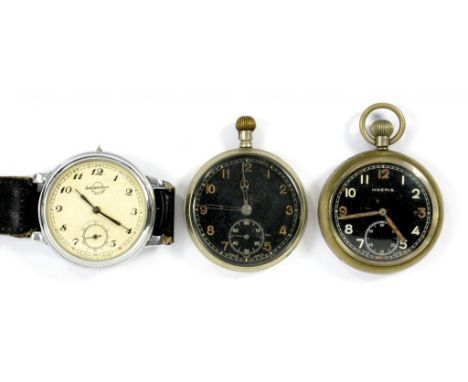 TWO MORRIS AND OTHER NICKEL PLATED BRITISH MILITARY ISSUE KEYLESS LEVER WATCHES, ONE CASE BACK MARKED BROAD ARROW GS MK II AN
