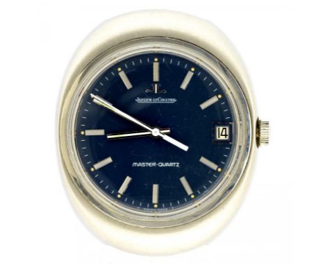 A JAEGER LECOULTRE STAINLESS STEEL MASTER QUARTZ WRISTWATCH WITH BLUE DIAL AND DATE, MAKER'S BRACELET DETCHED 