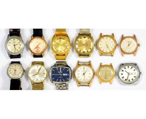 TWELVE VINTAGE GENTLEMEN'S WRISTWATCHES INCLUDING AN OMEGA GOLD PLATED SELF WINDING CUSHION SHAPED WRISTWATCH, TISSOT, MUDU A