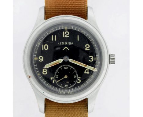 A LEMANIA STAINLESS STEEL BRITISH MILITARY ISSUE WRISTWATCH WITH BLACK DIAL, CASE BACK MARKED BROAD ARROW WWW AND NUMBERS 