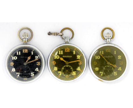 THREE JAEGER LECOULTRE PLATED  BRITISH MILITARY ISSUE KEYLESS LEVER WATCHES, CASE BACKS MARKED BROAD ARROW G.S.T.P. AND NUMBE