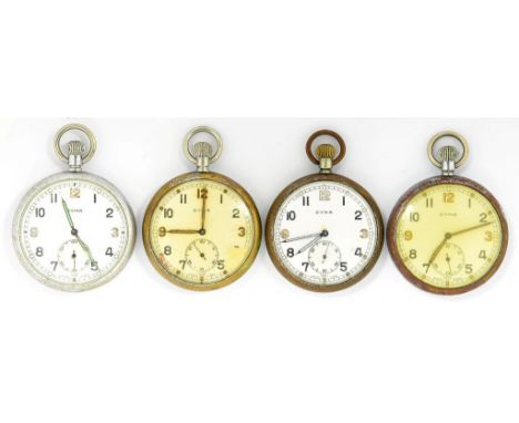 FOUR CYMA  PLATED BRITISH MILITARY ISSUE KEYLESS LEVER WATCHES, CASE BACKS MARKED BROAD ARROW G.S.T.P. AND NUMBER 