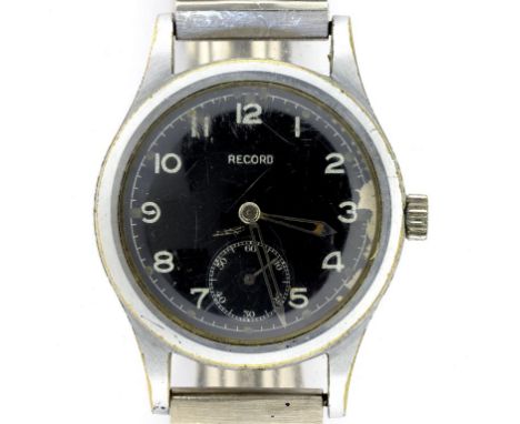 A RECORD STAINLESS STEEL BRITISH MILITARY ISSUE WRISTWATCH, CASE BACK MARKED ARROW W.W.W. AND NUMBERS 