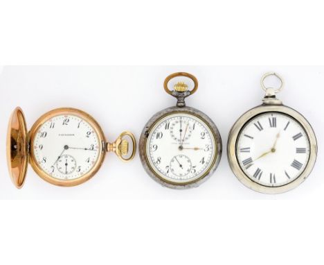 A SILVER PAIR CASED VERGE WATCH, BIRMINGHAM 1865, A GOLD PLATED KEYLESS LEVER HUNTING CASED WATCH AND A GUNMETAL KEYLESS LEVE